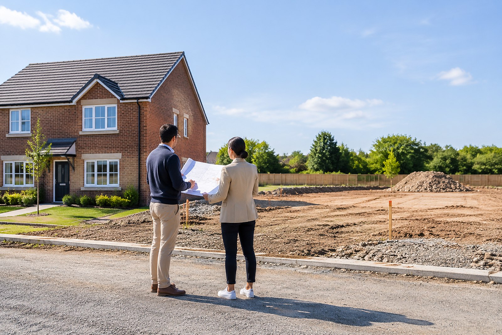 Two professionals discussing building plans at an outdoor site meeting