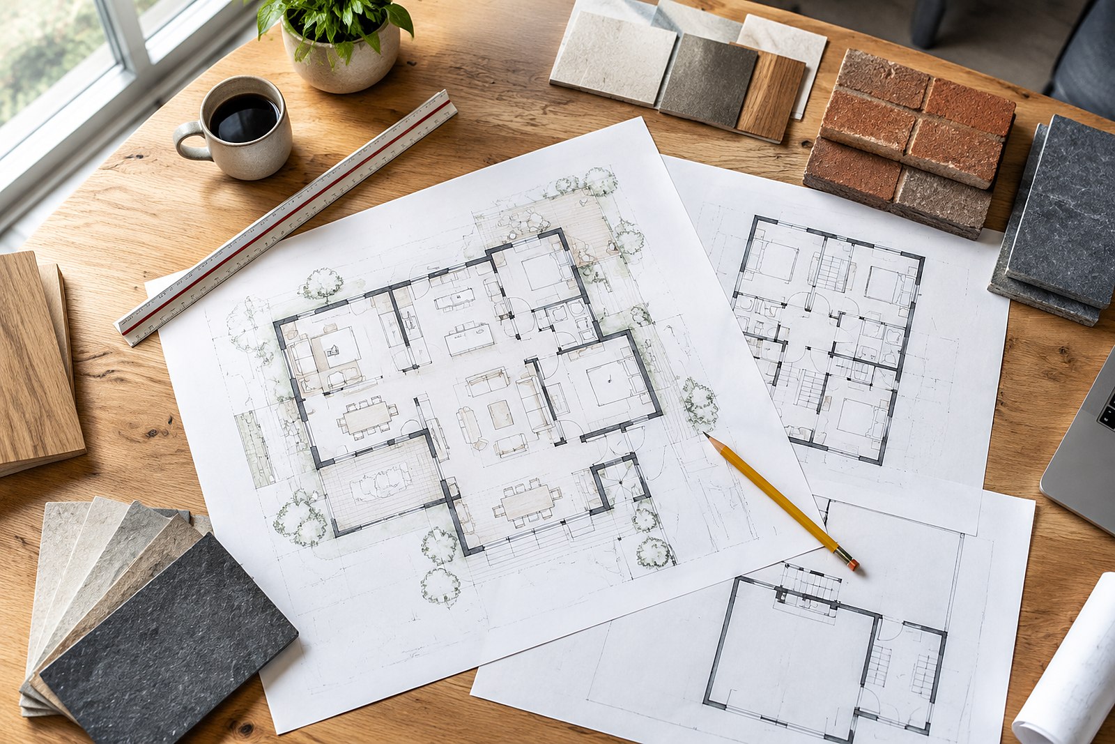 Residential floor plans and material samples on a design desk