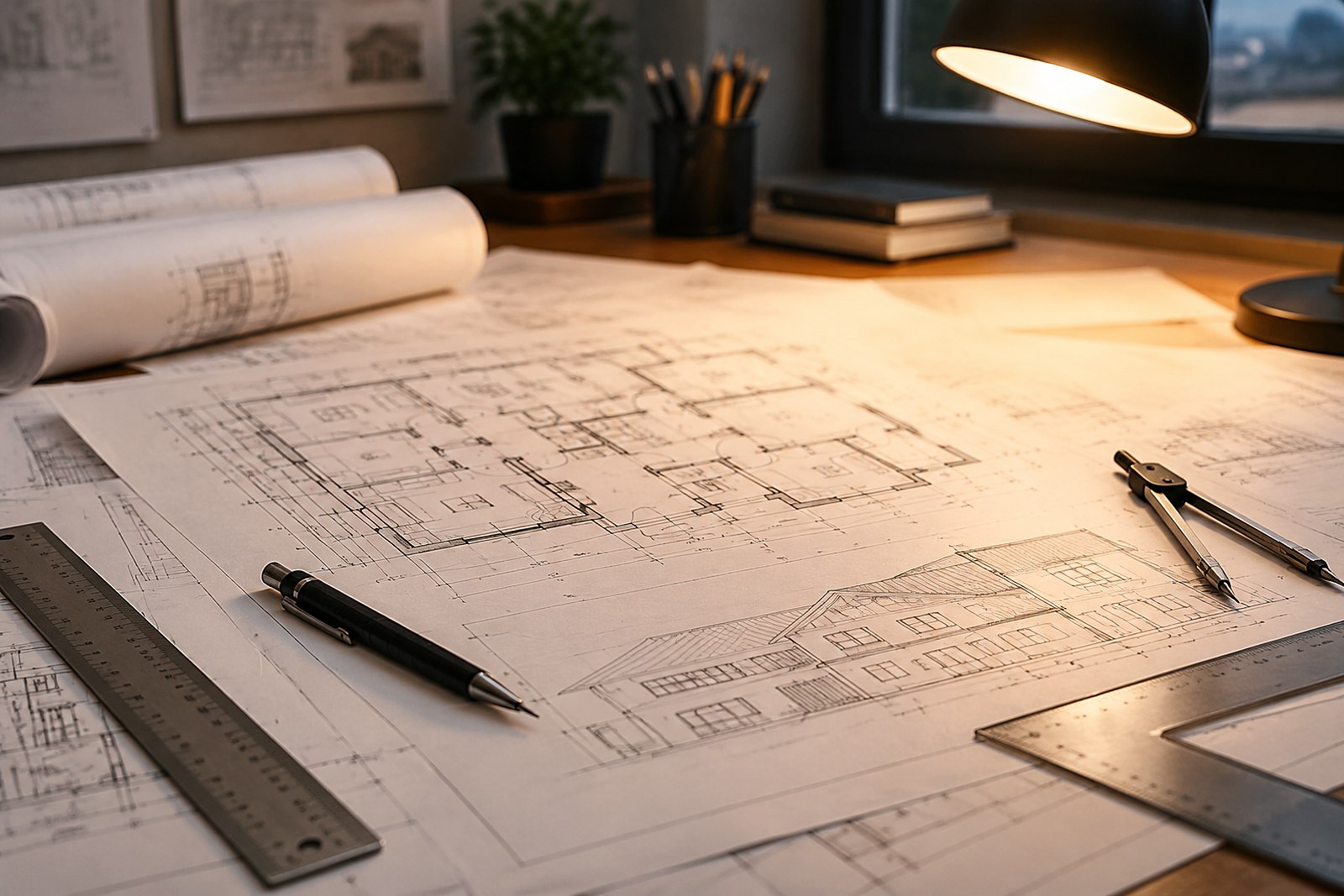 Technical residential drawings on a drawing desk