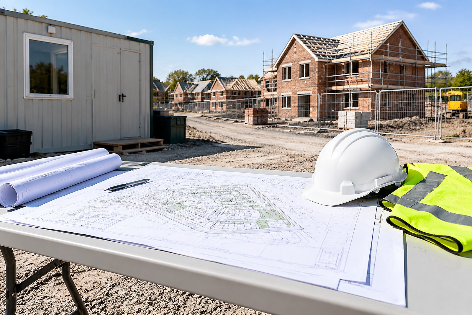 Construction planning drawings and a safety helmet on a site table